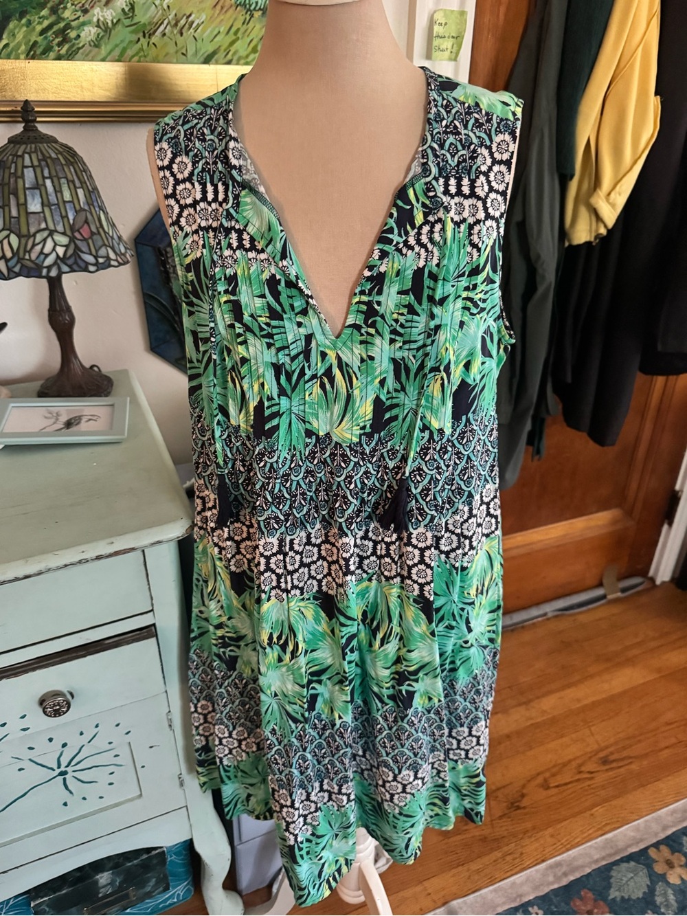 Old Navy Sleeveless Green & Black Printed Tunic Dress Tassel Tie L Beachy VGUC